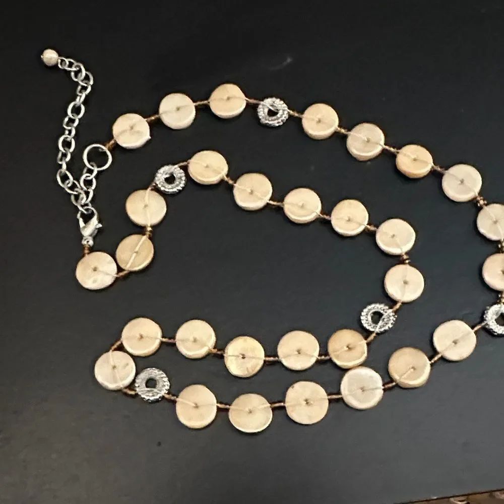 Natural round shell disk necklace with amber and silver accents
